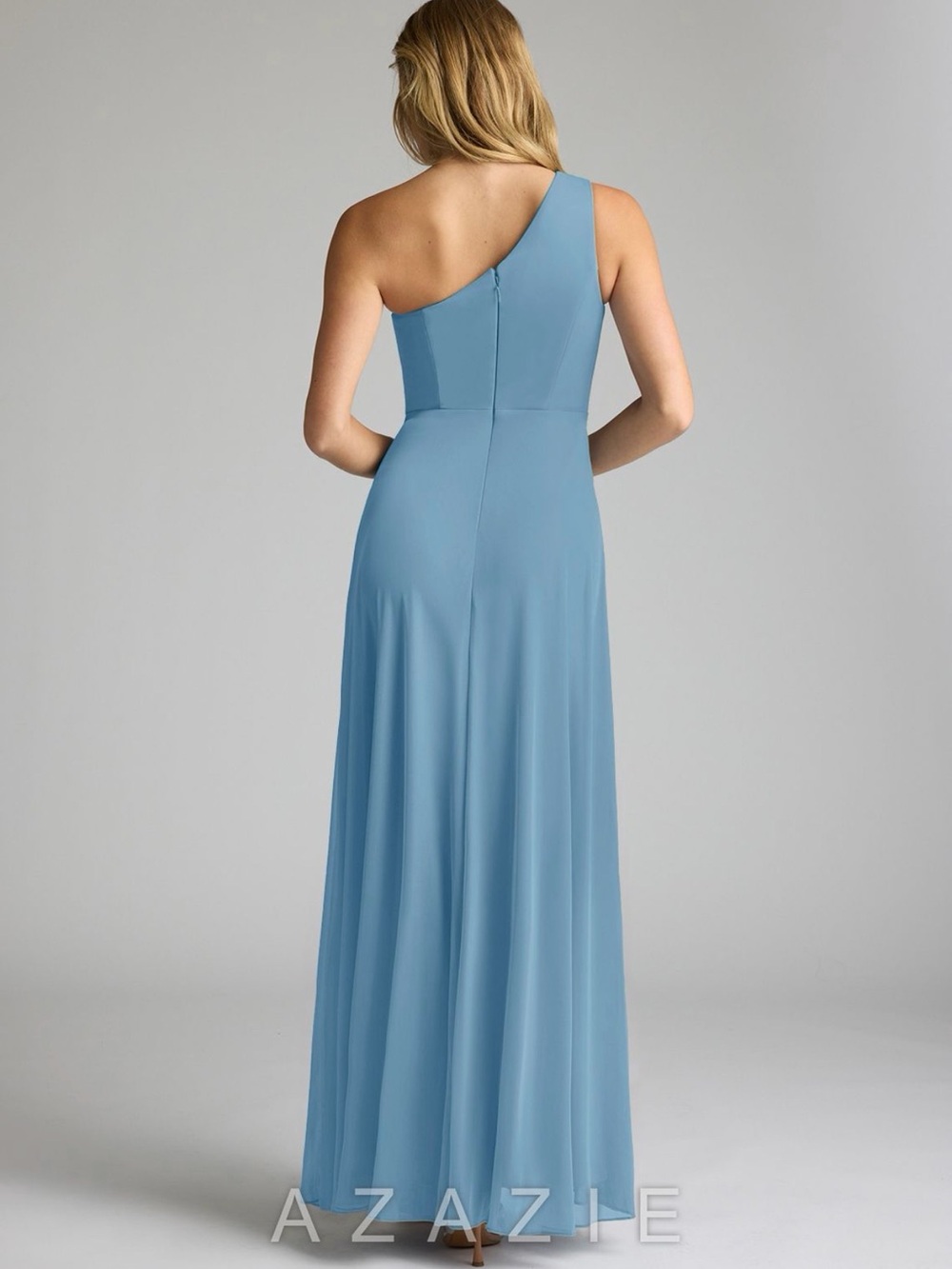 Azazie “Brooke” Steel Blue One-Shoulder Mesh Gown (stretch) - Picture 2 of 7